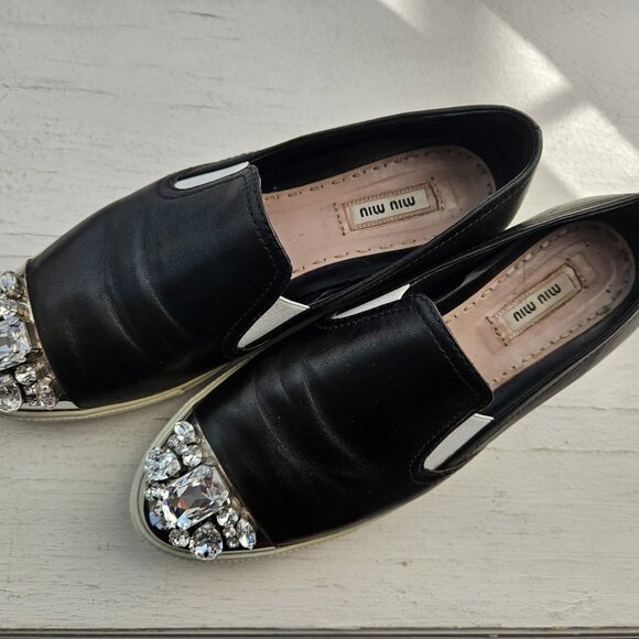 Miu Miu Crystal Cap-Toe Leather Sneaker - Picture 2 of 13